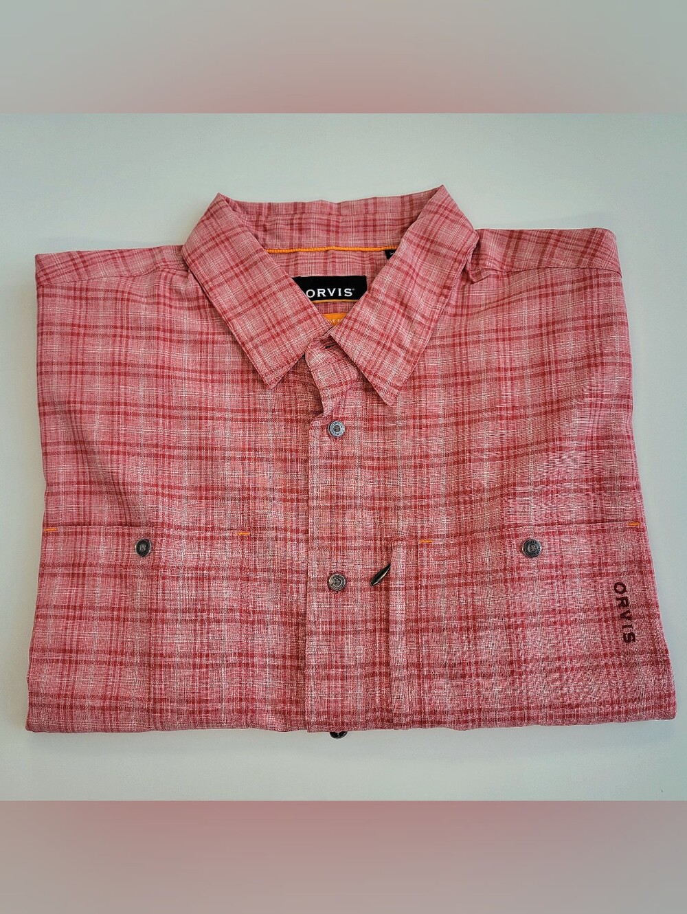 Orvis Active Fit Mens XL Short Sleeve Red Plaid Button Down Shirt Outdoor Casual